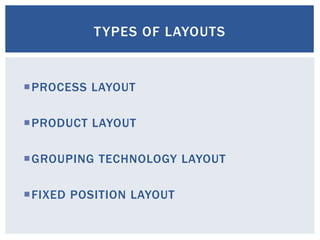 PROCESS LAYOUT
PRODUCT LAYOUT
GROUPING TECHNOLOGY LAYOUT
FIXED POSITION LAYOUT
TYPES OF LAYOUTS
 