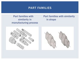 PART FAMILIES
Part families with similarity
in shape
Part families with
similarity in
manufacturing process
 