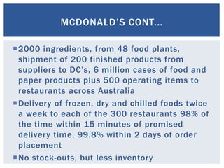 MCDONALD’S CONT...
2000 ingredients, from 48 food plants,
shipment of 200 finished products from
suppliers to DC’s, 6 million cases of food and
paper products plus 500 operating items to
restaurants across Australia
Delivery of frozen, dry and chilled foods twice
a week to each of the 300 restaurants 98% of
the time within 15 minutes of promised
delivery time, 99.8% within 2 days of order
placement
No stock-outs, but less inventory
 