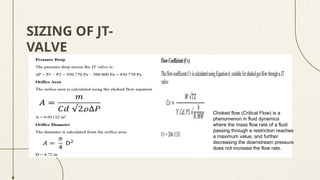 SIZING OF JT-
VALVE
Choked flow (Critical Flow) is a
phenomenon in fluid dynamics
where the mass flow rate of a fluid
passing through a restriction reaches
a maximum value, and further
decreasing the downstream pressure
does not increase the flow rate.
 