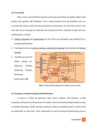 OIL REFINERY 5
4.2. Conversion
Heavy, lower-value distillation fractions can be processed further into lighter, higher-value
products like gasoline after distillation. This is where fractions from the distillation units are
converted into streams, which are then processed into final products. In conversion we have some
units that use to re-arrange the molecules and cracking the heavy molecules to light and more
useful products as follow:
• Catalytic reforming and isomerization are two of the most frequently used methods for re-
arranging hydrocarbons.
• Cracking processes are catalytic cracking, catalytic hydrocracking using hydrogen and thermal
cracking.
• And other processes for
further refining are:
Alkylation, Catalytic
Reforming, Catalytic
Reforming,
Isomerization. [8]
4.3 Treatment or Hydrotreating Unit (Purification)
A process in which the petroleum input stream combines with hydrogen at high
temperature and pressure in the presence of a catalyst is known as hydrotreating, hydroprocessing,
or hydrodesulfurization. Sulfur, nitrogen, and heavy metals are naturally present in crude oil and
are undesirable in motor fuels. These compounds are removed using the hydrotreating process,
Fig. 4: Typical block diagram of crude oil conversion.
 