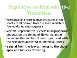 Vegetative-to-Reproductive
Transition
 vegetative and reproductive structures of the
shoot are all derived from the shoot meristem
formed during embryogenesis
 Maximal reproductive success in angiosperms
depends on the timing of flowering and on
balancing the number of seeds produced with
the resources allocated to individual seeds
 a signal from the leaves moves to the shoot
apex and induces flowering
 