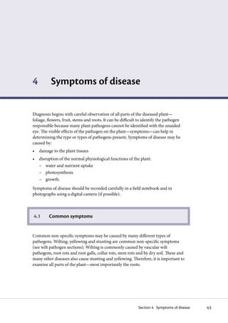4         Symptoms of disease

Diagnosis begins with careful observation of all parts of the diseased plant—
foliage, flowers, fruit, stems and roots. It can be difficult to identify the pathogen
responsible because many plant pathogens cannot be identified with the unaided
eye. The visible effects of the pathogen on the plant—symptoms—can help in
determining the type or types of pathogens present. Symptoms of disease may be
caused by:
•	 damage	to	the	plant	tissues
•	 disruption	of	the	normal	physiological	functions	of	the	plant:
   – water and nutrient uptake
   – photosynthesis
   – growth.
Symptoms of disease should be recorded carefully in a field notebook and in
photographs using a digital camera (if possible).



4.1      Common symptoms


Common non-specific symptoms may be caused by many different types of
pathogens. Wilting, yellowing and stunting are common non-specific symptoms
(see wilt pathogen sections). Wilting is commonly caused by vascular wilt
pathogens, root rots and root galls, collar rots, stem rots and by dry soil. These and
many other diseases also cause stunting and yellowing. Therefore, it is important to
examine all parts of the plant—most importantly the roots.




                                                             Section 4. Symptoms of disease   43
 