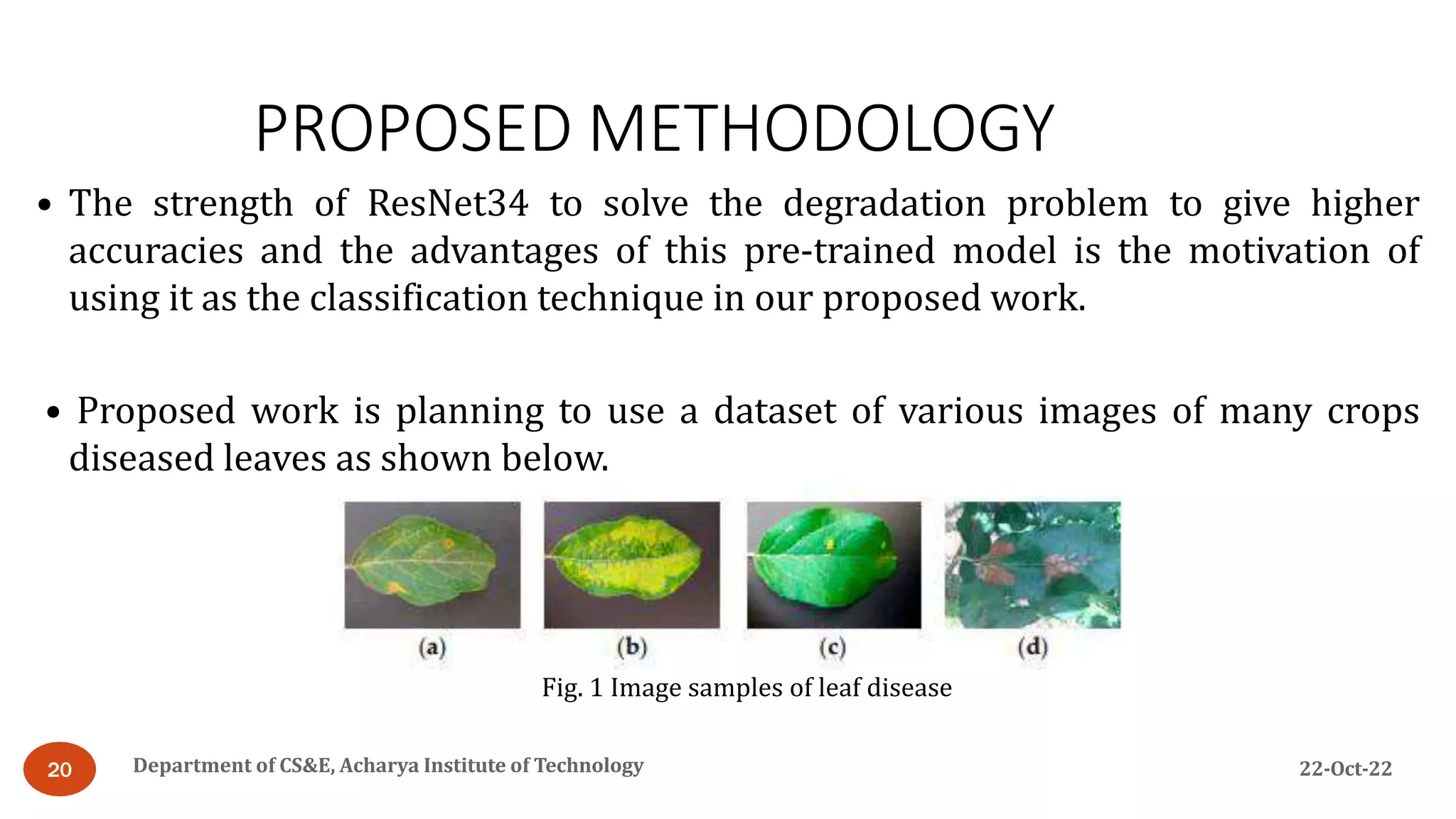 PROPOSED METHODOLOGY
22-Oct-22
Department of CS&E, Acharya Institute of Technology
20
• The strength of ResNet34 to solve the degradation problem to give higher
accuracies and the advantages of this pre-trained model is the motivation of
using it as the classification technique in our proposed work.
• Proposed work is planning to use a dataset of various images of many crops
diseased leaves as shown below.
Fig. 1 Image samples of leaf disease
 