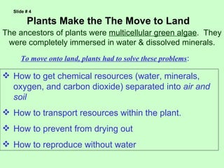 Slide # 4

        Plants Make the The Move to Land
The ancestors of plants were multicellular green algae. They
 were completely immersed in water & dissolved minerals.
     To move onto land, plants had to solve these problems:

 How to get chemical resources (water, minerals,
  oxygen, and carbon dioxide) separated into air and
  soil
 How to transport resources within the plant.
 How to prevent from drying out
 How to reproduce without water
 