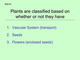 Slide # 6




        Plants are classified based on
          whether or not they have

  1. Vascular System (transport)

  2. Seeds

  3. Flowers (enclosed seeds)
 