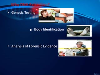 Why DNA Extraction?
• Genetic Testing
Body Identification
• Analysis of Forensic Evidence
 