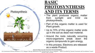 BASIC
PHOTOSYNTHESIS
AND ITS TERMS
• The plant produces organic matter
from sunlight and CO2 via
photosynthesis,
• Part of this organic matter is used for
Plant growth.
• Up to 70% of this organic matter ends
up in the soil as dead root material.
• Around the roots naturally occurring
micro-organisms break down the
organic compounds to gain energy,
• In this process, Electrons are released
as a waste Product.
DAYANANDA SAGAR COLLEGE OF ENGINEERING
(An Autonomous Institute Affiliated to VTU, Belagavi) Shavige Malleshwara Hills, Kumaraswamy Layout, Bengaluru – 560078 Accredited by National Assessment and Accreditation Council
 