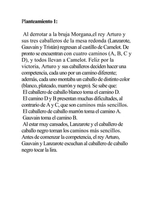 Planteamiento 1:
Al derrotar a la bruja Morgana,el rey Arturo y
sus tres caballeros de la mesa redonda (Lanzarote,
Gauvain y Tristán) regresan al castillo de Camelot. De
pronto se encuentran con cuatro caminos (A, B, C y
D), y todos llevan a Camelot. Feliz por la
victoria, Arturo y sus caballeros deciden hacer una
competencia, cada uno por un camino diferente;
además, cada uno montaba un caballo de distinto color
(blanco, plateado, marrón y negro). Se sabe que:
El caballero de caballo blanco toma el camino D.
El camino D y B presentan muchas dificultades, al
contrario de A y C, que son caminos más sencillos.
El caballero de caballo marrón toma el camino A.
Gauvain toma el camino B.
Al estar muy cansados, Lanzarote y el caballero de
caballo negro toman los caminos más sencillos.
Antes de comenzar la competencia, el rey Arturo,
Gauvain y Lanzarote escuchan al caballero de caballo
negro tocar la lira.
 