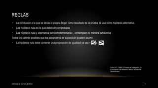 REGLAS
• La conclusión a la que se desea o espera llegar como resultado de la prueba se usa como hipótesis alternativa.
• Las hipótesis nula es la que debe ser comprobada
• Las hipótesis nula y alternativa son complementarias , contemplan de manera exhaustiva
Todos los valores posibles que los parámetros de suposición pueden asumir.
• La hipótesis nula debe contener una proposición de igualdad ya sea = o
11ENRIQUE E. HUITZIL MUÑOZ
Fortin, M.-F. (1999). El Proceso de investigación: De
la concepción a la realización. México: McGraw-Hill
Interamericana.
 