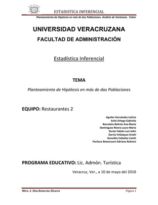 243840-728345<br />UNIVERSIDAD VERACRUZANA<br />FACULTAD DE ADMINISTRACIÓN<br />Estadística Inferencial<br />TEMA<br />Planteamiento de Hipótesis en más de dos Poblaciones<br />EQUIPO: Restaurantes 2<br />Aguilar Hernández Leticia<br />Avila Ortega Gabriela<br />Barcelata Beltrán Ana María<br />Domínguez Rivera Laura María<br />Durán Fabián Luis Selin<br />García Velázquez Anahí<br />González Cabañas Lizeth<br />Pacheco Betancourt Adriana Nohemi<br />PROGRAMA EDUCATIVO: Lic. Admón. Turística<br />Veracruz, Ver., a 10 de mayo del 2010<br />PLANTEAMIENTO DE HIPÓTESIS EN MÁS DE DOS POBLACIONES<br />Algunas veces se consideran problemas en que debemos decidir si las diferencias observadas entre más de dos medias se pueden atribuir al azar o si existen diferencias reales entre las medias de las poblaciones de las que se obtuvieron las muestras.<br />Y esto se estudia cuando por ejemplo lo que queremos conocer  sobre la base de datos muestrales, si en realidad existe alguna diferencia:<br />en la efectividad de 3 métodos de enseñanza de una lengua extranjera, o quizás<br />queremos comparar la producción promedio por caballería de distintas variedades de arroz.<br />Un investigador agrícola pudiera estar interesado en saber que tipo de fertilizante da mejores rendimientos,<br />ó sí en determinado laboratorio médico se desea evaluar el efecto de diferentes medicamentos en la presión sanguínea.<br />El método que utilizamos para este propósito es un instrumento estadístico poderoso conocido como ANALISIS DE VARIANZA.<br />GLOSARIO<br />CONCEPTODEFINICIONTRADUCCIONANOVAanálisis de varianza (instrumento estadístico)ANALYSIS OF VARIANCE (statistical toolHIPOTESIS ESTADISTICAes una asunción relativa a una o varias poblaciones, que puede ser cierta o noIs an assumption on one or more populations that may be true or not.IDENTIDAD FUNDAMENTALdescomposición de la varianza totaltotal variance decompositionGAUSSIANAEn estadística y probabilidad se llama distribución normal, distribución de Gauss o distribución gaussiana, a una de las distribuciones de probabilidad de variable continua que con más frecuencia aparece en fenómenos realesIn statistics and probability is called the normal distribution, Gaussian distribution or Gaussian distribution, one of the probability distributions of continuous variable that most often appears in real phenomenaINSESGADO.Se denomina sesgo de un estimador a la diferencia entre la esperanza (o valor esperado) del estimador y el verdadero valor del parámetro a estimar. Es deseable que un estimador sea insesgado o centrado, es decir, que su sesgo sea nulo por ser su esperanza igual al parámetro que se desea estimar.It's called bias of an estimator to the difference between the expectation (or expected value) of the estimator and the true value of the parameter to be estimated. It is desirable that an estimator is unbiased and focused, ie, its bias is zero hope for being equal to the parameter to be estimated.GRADOS DE LIBERTADes un estimador del número de categorías independientes en una prueba particular o experimento estadístico.Is an estimate of the number of independent categories in a particular test or experiment statistics.<br />FORMULARIO<br />PRUEBA DE HIPÓTESIS PARA MAS DE DOS POBLACIONES F DE FISHERC a s oE s t a d í s t it c oanálisis de varianza     Calculo de hipótesisestimador insesgado de 2(varianza dentro del grupo)Varianza entre grupos.estimadores de las varianzas poblacionales conceptualesSCT =SCE = SCD = SCT - SCEVariabilidad entre las varianzas muestrales        Medias de cada grupoCalculo de las varianzas Calculo del estadístico de prueba M/CM = 1 + <br />                  fUENTE DE vARIACIÓNsUMA DE cUADRADOSgRADOS DE lIBERTADcUADRADO mEDIO     eSTADÍSTICOeNTRE gRUPO         k – 1                              F0 =       n – k             dENTRO DE gRUPOtOTAL   N  - 1<br />INTRODUCCION<br />Una hipótesis estadística es una asunción relativa a una o varias poblaciones, que puede ser cierta o no. Las hipótesis estadísticas se pueden contrastar con la información extraída de las muestras y tanto si se aceptan como si se rechazan se puede cometer un error. <br />La hipótesis formulada con intención de rechazarla se llama hipótesis nula y se representa por H0. Rechazar H0 implica aceptar una hipótesis alternativa (H1).  Fisher realizó muchos avances en la estadística, siendo una de sus más importantes contribuciones, la inferencia estadística creada por él en 1920.<br />Student y Ronald Fisher iniciaron una nueva era en el estudio de las distribuciones muestrales. Ronald Aylmer Fisher encontró en muestras procedentes de una población normal, la distribución del coeficiente de correlación, los coeficientes de regresión, los coeficientes de correlación múltiple y de proporción de variables conocida por el nombre de F.<br />Esta distribución de probabilidad se usa como estadística prueba en varias situaciones. Se emplea para probar si dos muestras provienen de poblaciones que poseen varianzas iguales. Esta prueba es útil para determinar si una población normal tiene una mayor variación que la otra y también se aplica cuando se trata de comparar simultáneamente varias medias poblacionales. La comparación simultánea  de varias medias poblacionales se conoce como análisis de varianza (ANOVA). En ambas situaciones, las poblaciones deben ser normales y los datos tener al menos la escala de intervalos.<br />Características de la distribución F<br /> <br />Existe una quot;
familiaquot;
 de distribuciones F. Un miembro específico de la familia se determina por dos parámetros: los grados de libertad en el numerador y en el denominador . Existe una distribución F para la combinación de 29 grados de libertad en el numerador y 28 grados en el denominador. Existe otra distribución F para 19 grados en el numerador y 6 en el denominador.<br /> La distribución F es una distribución continua.<br /> F no puede ser negativa<br />La distribución F tiene un sesgo positivo<br />A medida que aumentan los valores, la curva se aproxima al eje x, pero nunca lo toca<br /> En este trabajo se abordara el tema de F Fisher esperando así cumplir con las expectativas requeridas.asi también se presentaran de manera simultánea las formulas utilizadas, las tablas a utilizar, con el fin de  hacer más fácil el entendimiento del tema planteado.<br />ANÁLISIS DE VARIANZA<br />El análisis de varianza, como técnica de lo que trata es: si se está estudiando la característica cuyos valores dependen de varias clases de efectos que operan simultáneamente, poder decidir si tales efectos son debido al azar o si realmente son diferentes.<br />Esta técnica de lo que trata es de expresar una medida de la variación total de un conjunto de datos como una suma de términos, que se pueden atribuir a fuentes o causas específicas de variación; pues bien esta descomposición de la varianza total se denomina: Identidad fundamental. Ella junto a la formación del estadístico de prueba, se refleja en una tabla llamada “Tabla de Análisis de Varianza”, que resume los principales aspectos teóricos prácticos de la técnica.<br />Hay un corolario que plantea que:<br />Si “k” poblaciones se unen y las varianzas de las “k” poblaciones son iguales a 2 se tiene que:<br />Por lo tanto si todas las medias son iguales entonces:<br />, mientras que si alguna es diferente, se puede concluir que <br />De modo que una comparación de varianza puede conducir a una conclusión sobre la igualdad de medias poblacionales.<br />El método que se utiliza es a través de los estimadores de 2.<br />Hay un Teorema que plantea que:<br />Si dos o más muestras proceden de una misma población o de diferentes poblaciones, pero con igual varianza, entonces un estimador insesgado de 2 podrá obtenerse a través de la siguiente expresión:<br /> <br />A esta varianza se le da el nombre de Varianza dentro del grupo.<br />Sería bueno comentar que esta varianza como es insesgada proporciona una estimación válida de la varianza desconocida de la población sin importarle si se acepta o rechaza H0.<br />Hay otro Teorema, bajo las mismas condiciones que el anterior que plantea que otro estimador de 2 es:<br />Este estimador es conocido como varianza entre grupos.<br />Esta situación que expresan estos estimadores se pudiera representar gráficamente de la siguiente forma:<br />Para H0 cierta:                                     Para H0 falsa:<br />             1                                                                            ________             1                                                                            <br />                                                                 <br />                               <br />                                         <br />                                                             <br />              <br />          <br />                                                                                                       <br />                                             3                                2                                    3                                <br />                2<br />     1                  2           3                              1             2             3<br />En este caso las i no son iguales pero los elementos de las 3 poblaciones si casi iguales sus valores están cercanos son muy diferentes y originan medias  muestrales muy diferentes.         <br />Si estamos en caso de H0 falsa, y se nos presenta esta situación se diferencia en la suma de cuadrado entre grupo esta diferencia, mientras que si estamos en el caso de H0 cierta la diferencia entre los grupos es mínima.<br />En el caso de la SC, dentro de los grupos lo que hace es comparar cada elemento de la muestra con la media de su propio grupo, para una u otra conclusión de la hipótesis nula, su cálculo no se refleja, el valor es el mismo.<br />Como ya dijimos, el análisis de varianza consiste en dividir la suma de cuadrado total en dos fuentes de variación y proceder al análisis de las mismas, estas son la variación dentro del grupo y la variación entre grupos. Como son variaciones la vamos a expresar como sumas de cuadrados, es decir:<br />SCT   =    SCD    +    SCE  <br />          __                   __          __      __<br />(Yij - Y) = (Yij - Yi) + (Yi – Y) <br />Representando estas la variación total que es igual a la variación dentro del grupo más la variación entre grupos, gráficamente se representa de la siguiente forma:<br />                               <br />                _                         .<br />           yij - yi                        .<br />                                           .             _<br />  _                                       .        yij -y<br />  y1                                      .<br />            _   _                         .<br />            yi - y                         .                                   _<br />                                                                               Y<br />                                            .<br /> _                                         .<br /> y2                                       .<br />Si elevamos al cuadrado ambos miembros, y sumamos por “j”  e “i”, llegamos a la Identidad Fundamental, planteada anteriormente.<br />  donde se considera:<br />Suma de               Suma de                   Suma  de<br />Cuadrado             Cuadrado                  Cuadrado<br />  Total               Dentro del Grupo      Entre  Grupo<br />De la misma forma resulta de gran importancia en el Análisis de varianza, la relación entre los grados de libertad (que ya se habló de ellos en el Tema anterior).<br />Si se aplica el valor esperado en ambos miembros se obtienen, bajo el supuesto de H0 cierto de que, los grados de libertad asociados a estas sumas de cuadrados serán:<br />     (n – 1)  =  (n – k)   +  (k – 1) Esto es, <br />Para la SCT, = para la SCD  y  para la SCE<br />Si dividimos las Sumas de Cuadrados entre los grados de libertad, se obtendrán los estimadores de 2 planteados, es decir la varianza total  la varianza dentro del grupo,  y la varianza entre grupo  . También estos cocientes se denominan Cuadrados Medios.<br />Debido a que el cálculo de varianzas entre y dentro de grupos hay varios pasos, se acostumbra a dar al grupo completo de resultados en una tabla conocida como tabla de análisis de varianza (ANOVA). Esta tabla incluye las fuentes de variación, las sumas de los cuadrados(es decir las variaciones), los grados de libertad, las varianzas(es decir los cuadrados medios) y el valor del estadístico de prueba que veremos más adelante.<br />                  fUENTE DE vARIACIÓNsUMA DE cUADRADOSgRADOS DE lIBERTADcUADRADO mEDIO     eSTADÍSTICOeNTRE gRUPO         k – 1                              F0 =       n – k             dENTRO DE gRUPOtOTAL   N  - 1<br />Aquí en este caso se utiliza como estadístico de prueba F0, ¿Por qué la Distribución F? . La distribución a utilizar es la F de Fisher, que se basa en la razón de 2 varianzas.<br />Con el fin de determinar si las medias de los diversos grupos son todas iguales, se pueden examinar dos estimadores diferentes de la varianza de la población. Uno de los estimadores se basa en la suma de los cuadrados dentro de los grupos (SCD); el otro se basa en la suma de los cuadrados entre los grupos (SCE). Si la hipótesis nula es cierta, estos estimadores deben ser aproximadamente iguales; si es falsa el estimador basado en la suma de los cuadrados entre grupos debe ser mayor.<br />El estimado de la varianza entre los grupos no solo toma en cuenta las fluctuaciones aleatorias de una observación a otra, sino también mide las diferencias de un grupo con otro. Si no hay diferencia de un grupo a otro, cualquier diferencia en la media muestral se explicará por la variación aleatoria, y la varianza entre grupos, debe estar cerca de la varianza dentro de los grupos. Sin embargo si en realidad hay una diferencia entre los grupos, la varianza entre grupos será significativamente mayor que la varianza dentro de los grupos.<br />Por todo lo anterior, la prueba estadística se basa en la razón de estas dos varianzas: CME/CMD. Si la hipótesis nula es cierta, esta razón debe estar cercana a uno; si la hipótesis nula es falsa entonces el numerador debe ser mayor que el denominador y la razón debe ser mayor que uno<br />Como se aprecia el problema se reduce a buscar un valor a partir del cuál el estadístico de prueba resulte significativamente mayor que 1, y así se rechazará la hipótesis de que no hay diferencias entre las medias de los grupos cuando la razón entre las varianzas CME/CMD   F k – 1;n – k)<br />De aquí se infiere que las hipótesis nula y alternativa que se plantearán serán las siguientes:<br />H0:  1 = 2 = . . . =  k<br />H1: alguna i diferente<br />Es bueno señalar que estas hipótesis son equivalentes a decir:<br />                <br />Ya que como se vio anteriormente  es un estimador sesgado de la VARIANZA y sólo será insesgado si se cumple que H0 es cierta, mientras que  es un estimador insesgado.<br />Además es la razón por la cuál la distribución a utilizar es la F de Fisher, que no es más que la relación entre 2 varianzas y siempre considerando, la región crítica hacia la derecha, ya que nuestro problema se reduce a buscar un valor a partir del cuál es estadístico de prueba resulte significativamente mayor que 1 y así Rechazaremos H0 a un nivel de significación, si <br />Antes de continuar queremos plantear que las fórmulas de cálculo de los estimadores de las varianzas poblacionales conceptuales o por definición son muy tediosas, sin embargo hay para estos estimadores unas fórmulas de cálculos abreviadas que son más fáciles.<br />SCT =<br />SCE = <br />SCD = <br />Aunque se debe señalar que dado el carácter aditivo de estas varianzas, se acostumbra a obtener la SCD por diferencia, es decir como:<br />SCT = SCE + SCD   se obtendría despejando: SCD = SCT - SCE<br />Para aplicar esta técnica es necesario que se cumplan ciertas suposiciones sobre los datos investigados.<br />1.- Las características medibles se distribuyen normalmente en cada población. Esto es <br />2.- Las varianzas de las k poblaciones son iguales: <br />3.- Las características medibles son estadísticamente independientes, de una población a otra: Y1, Y2, ... , Yk.<br />4.- Las muestras n1, n2, ... ,nk de los k grupos poblacionales deben seleccionarse a través del M.A.S.<br />Vamos a ver un Ejemplo:<br />Los datos siguientes corresponden al Costo de Producción de un producto fabricado bajo tecnologías diferentes. Realice una prueba estadística a un = 0.05 para decidir si  existen diferencias entre las tecnologías, que puedan afectar los Costos.<br />Tecnología      Yi jniTiTi2Ti2/ni    Y2i j                                     A7   4   6   4   9 5 30 900 18049  16  36  16  81   198    B2   4   5   6   3 5 20 400  80  4  16  25  36   9     90    C7   8   7   11  7 5 401600 32049  64  49  121  49 33215 90 580                              620<br />Hay que tener en cuenta que el subíndice i, representa las filas, y el j las columnas.<br /> Se prepara la tabla atendiendo a lo que se necesita a partir de las formulas abreviadas planteadas, únicamente hay que tener en cuenta que los niveles se deben planteara en el sentido de fila.<br />Resumiendo: n = 15;  T = 90;  k = 3;   n1 = n2 = n3 = 5<br />Luego:<br /> = 620 – 902/15 = 620 – 8100/15 = 620 – 540 = 80<br />SCE =  = 580 – 540 = 40<br />SCD =  = 620 – 580 = 40  o también utilizando la identidad fundamental y en ella se despeja SCD,  esto es:<br />SCT = SCD  + SCE    SCD = SCT – SCE = 80 – 40 = 40<br />Y ya estamos en condiciones de plantear la tabla de análisis de varianza, para el cálculo del estadístico de Prueba.<br />                                        ANOVA<br />Fuente de VariaciónSuma de CuadradoGrados de LibertadCuadrado medioEstadístico de PruebaEntre grupoDentro grupo       40       40     2    12      20        3.33Total       80    14<br />H0: <br />H1: alguna i diferente<br />= 0.05<br /> = 6.06<br />W:   F1-(k – 1; n – k) =    Fo.95(2, 12) =    3.89 <br />                                        RR<br />                          3.89<br />R:D:/   Rechazo H0   F0  3.89<br />       No Rechazo H0   F0  3.89<br />D/ F0 = 6.06  3.89    Rechazo H0  que aceptamos H1 lo que nos indica que existen diferencias significativas entre los costos de producción para por lo menos una tecnología a un  = 0.05<br />Si quisiéramos saber cual o cuales tecnologías son diferentes se pudiera completar el análisis con una prueba T’Student de diferencia de media, probando dos a dos dichas tecnologías.  <br />Esta prueba de la homogeneidad de las varianzas fue desarrollada por Barttlet, y se basa en el cálculo de un cociente, el cuál se denota por M/C.<br />se utiliza para comprobar uno de los supuestos del análisis de varianza, si se quiere, el más importante, que es el de varianza constante(conocido por Homocedasticidad)<br />Así las hipótesis a plantear serían:<br />H0: <br />H1: alguna  diferente<br />Y el estadístico de prueba será el cociente M/C que es un estadístico que mide la variabilidad entre las varianzas muestrales ya que:<br /> Donde<br />    y   <br />Se puede observar que si las  difieren poco entre sí el valor de M, será pequeño y si suponemos que la  son iguales, entonces M tomará el valor cero.<br />Demostración:<br />  si   son iguales, entonces se trata como una constante y se saca fuera de la sumatoria.<br />Como <br />M=(n – k) <br />M= (n- k) ln - (ln ) n- k<br />M = 0<br />Veamos el cálculo del estadístico de Prueba: M/C<br />M = 1 + <br />Barttlet demostró que el estadístico M sigue aproximadamente una distribución 2, con k-1 grados de libertad para (ni – 1)  4, y se divide entre una cantidad C, como la planteada anteriormente; el cociente mejora la aproximación, y es más preciso que si utilizáramos solamente M.<br />La expresión de M, puede transformarse para trabajar con logaritmos comunes.<br />M = 2.3026   se debe aclarar que se puede aplicar tanto logaritmo comunes como naturales.<br />La región crítica estará dada por:<br />     que gráficamente quedará representada de la siguiente forma:<br />                                                                                  <br />                                                                              <br />                                                         R no R.    RR<br />                                                                   <br />A continuación vamos a comprobar este supuesto de varianza constantes o iguales en el ejemplo que se desarrollo en la conferencia anterior.<br />Comencemos calculando las varianzas: , para ello es necesario primeramente hallar las medias de cada grupo:<br />Ya que <br />Ya estamos en condiciones de plantear los elementos que hacen falta para determinar M<br />Población   ni           ln         (ni – 1) ln    1             5    4.5   1.50408        6.01632    2             5    2.5   0.91629        3.66516    3             5    3      1.09861        4.39444                                                    14.07592<br />ln  = ln 3.33 = 1.20297<br />M = (n – k) ln  -<br />M = 12(1.20297) – 14.07592<br />    = 14.43564 – 14.07592<br />    = 0.35972<br /> C=<br />M/C = 0.35972/1.11 = 0.323<br />Ya estamos en condiciones de plantear la prueba, ya que calculamos el estadístico de prueba.<br />H0: <br />H1: alguna  diferente<br /> = 0.05<br />M/C  2(1-)k-1<br />W: M/C  2(1-)k-1 = M/C  5.99 <br />R:D:/ Rechazo H0  M/C  5.99<br />     No Rechazo H0   M/C  5.99<br />D/ . M/C = 0.323  5.99 No Rechazo H0  :  a un  = 0.05<br />UTILIDAD<br />Esta distribución de probabilidad se usa en estadística como prueba en varias situaciones. Se emplea para probar si dos muestras provienen de poblaciones que poseen varianzas iguales. Esta prueba es útil para determinar si una población normal tiene una mayor variación que la otra y también se aplica cuando se trata de comparar simultáneamente varias medias poblacionales. La comparación simultánea  de varias medias poblacionales se conoce como análisis de varianza (ANOVA). En ambas situaciones, las poblaciones deben ser normales y los datos tener al menos la escala de intervalos.<br />TABLA DE DISTRIBUCIÓN F DE FISHER CON PROBABILIDAD DE 0.05<br /> 12345678910121520243040501161.45199.50215.71224.58230.16233.99236.77238.88240.54241.88243.90245.95248.02249.05250.10251.14251.77218.51319.00019.16419.24719.29619.32919.35319.37119.38519.39619.41219.42919.44619.45419.46319.47119.476310.1289.5529.2779.1179.0138.9418.8878.8458.8128.7858.7458.7038.6608.6388.6178.5948.58147.7096.9446.5916.3886.2566.1636.0946.0415.9995.9645.9125.8585.8035.7745.7465.7175.69956.6085.7865.4095.1925.0504.9504.8764.8184.7724.7354.6784.6194.5584.5274.4964.4644.44465.9875.1434.7574.5344.3874.2844.2074.1474.0994.0604.0003.9383.8743.8413.8083.7743.75475.5914.7374.3474.1203.9723.8663.7873.7263.6773.6373.5753.5113.4453.4103.3763.3403.31985.3184.4594.0663.8383.6883.5813.5003.4383.3883.3473.2843.2183.1503.1153.0793.0433.02095.1174.2563.8633.6333.4823.3743.2933.2303.1793.1373.0733.0062.9362.9002.8642.8262.803104.9654.1033.7083.4783.3263.2173.1353.0723.0202.9782.9132.8452.7742.7372.7002.6612.637114.8443.9823.5873.3573.2043.0953.0122.9482.8962.8542.7882.7192.6462.6092.5702.5312.507124.7473.8853.4903.2593.1062.9962.9132.8492.7962.7532.6872.6172.5442.5052.4662.4262.401134.6673.8063.4113.1793.0252.9152.8322.7672.7142.6712.6042.5332.4592.4202.3802.3392.314144.6003.7393.3443.1122.9582.8482.7642.6992.6462.6022.5342.4632.3882.3492.3082.2662.241154.5433.6823.2873.0562.9012.7902.7072.6412.5882.5442.4752.4032.3282.2882.2472.2042.178164.4943.6343.2393.0072.8522.7412.6572.5912.5382.4942.4252.3522.2762.2352.1942.1512.124174.4513.5923.1972.9652.8102.6992.6142.5482.4942.4502.3812.3082.2302.1902.1482.1042.077184.4143.5553.1602.9282.7732.6612.5772.5102.4562.4122.3422.2692.1912.1502.1072.0632.035194.3813.5223.1272.8952.7402.6282.5442.4772.4232.3782.3082.2342.1552.1142.0712.0261.999204.3513.4933.0982.8662.7112.5992.5142.4472.3932.3482.2782.2032.1242.0822.0391.9941.966214.3253.4673.0722.8402.6852.5732.4882.4202.3662.3212.2502.1762.0962.0542.0101.9651.936224.3013.4433.0492.8172.6612.5492.4642.3972.3422.2972.2262.1512.0712.0281.9841.9381.909234.2793.4223.0282.7962.6402.5282.4422.3752.3202.2752.2042.1282.0482.0051.9611.9141.885244.2603.4033.0092.7762.6212.5082.4232.3552.3002.2552.1832.1082.0271.9841.9391.8921.863254.2423.3852.9912.7592.6032.4902.4052.3372.2822.2362.1652.0892.0071.9641.9191.8721.842264.2253.3692.9752.7432.5872.4742.3882.3212.2652.2202.1482.0721.9901.9461.9011.8531.823274.2103.3542.9602.7282.5722.4592.3732.3052.2502.2042.1322.0561.9741.9301.8841.8361.806284.1963.3402.9472.7142.5582.4452.3592.2912.2362.1902.1182.0411.9591.9151.8691.8201.790294.1833.3282.9342.7012.5452.4322.3462.2782.2232.1772.1042.0271.9451.9011.8541.8061.775304.1713.3162.9222.6902.5342.4212.3342.2662.2112.1652.0922.0151.9321.8871.8411.7921.761354.1213.2672.8742.6412.4852.3722.2852.2172.1612.1142.0411.9631.8781.8331.7861.7351.703404.0853.2322.8392.6062.4492.3362.2492.1802.1242.0772.0031.9241.8391.7931.7441.6931.660454.0573.2042.8122.5792.4222.3082.2212.1522.0962.0491.9741.8951.8081.7621.7131.6601.626504.0343.1832.7902.5572.4002.2862.1992.1302.0732.0261.9521.8711.7841.7371.6871.6341.599604.0013.1502.7582.5252.3682.2542.1672.0972.0401.9931.9171.8361.7481.7001.6491.5941.559703.9783.1282.7362.5032.3462.2312.1432.0742.0171.9691.8931.8121.7221.6741.6221.5661.530803.9603.1112.7192.4862.3292.2142.1262.0561.9991.9511.8751.7931.7031.6541.6021.5451.508903.9473.0982.7062.4732.3162.2012.1132.0431.9861.9381.8611.7791.6881.6391.5861.5281.4911003.9363.0872.6962.4632.3052.1912.1032.0321.9751.9271.8501.7681.6761.6271.5731.5151.4771203.9203.0722.6802.4472.2902.1752.0872.0161.9591.9101.8341.7501.6591.6081.5541.4951.457<br />Ejemplos :<br />Encontrar el valor de F, en cada uno de los siguientes casos: <br />El área a la derecha de F, es de 0.25 con =4 y =9. <br />El área a la izquierda de F, es de 0.95 con =15 y =10. <br />El área a la derecha de F es de 0.95 con con =6 y =8. <br />El área a la izquierda de F, es de 0.10 con con =24 y <br />=24 <br />Solución:<br />Como el área que da la tabla es de cero a Fisher, se tiene que localizar primero los grados de libertad dos que son 9, luego un área de 0.75 con 4 grados de libertad uno. <br />En este caso se puede buscar el área de 0.95 directamente en la tabla con sus respectivos grados de libertad. <br />Se tiene que buscar en la tabla un área de 0.05, puesto que nos piden un área a la derecha de F de 0.95. <br />Se busca directamente el área de 0.10, con sus respectivos grados de libertad. <br />Si s12 y s22 son las varianzas muestrales de muestras aleatorias independientes de tamaños n1=10 y n2 =20, tomadas de poblaciones normales que tienen las mismas varianzas, encuentre P(s12/s22 2.42). <br />Solución:<br />Primero se establecen los grados de libertad. Como en el numerador está la población uno y en el denominador la población dos, entonces los grados de libertad uno equivalen a 10-1=9 y los grados de libertad dos a 20-1=19.<br />Se procede a ir a la tabla a buscar los grados de libertad dos que son 19 y se observa que no están, por lo tanto se tiene que interpolar entre 15 y 20 grados de libertad, buscando el valor de fisher que quedaría:<br />Este valor de 2.42 se busca en la columna de 9 grados de libertad uno, con 15 grados de libertad dos, y se encuentra los siguiente:<br />Area0.902.090.952.59<br />Al interpolar entre estos dos valores nos queda un área de 0.933.<br />Se procede a hacer lo mismo pero con 20 grados de libertad dos:<br />Area0.952.390.9752.84<br />Al interpolar entre estos dos valores nos queda un área de 0.9516.<br />Ahora ya se tienen las dos áreas referentes a los grados de libertad dos, por lo que se interpolará para ver cuánto le corresponde a los grados libertad dos con un valor de 19.<br />Area150.933200.9516<br />Al interpolar nos queda que para 9 grados de libertad uno y 19 grados de libertad dos con un valor de Fisher de 2.42 el área a la izquierda es de 0.9478.<br />Si s12 y s22 representan las varianzas de las muestras aleatorias independientes de tamaño n1= 25 y n2 = 31, tomadas de poblaciones normales con varianzas 12 =10 y <br />22 = 15, respectivamente, encuentre P(s12/s22 > 1.26). <br />Solución:<br />Calcular el valor de Fisher:<br />Luego se va a la tabla de Fisher a buscar 30 grados de libertad 2 con 24 grados de libertad uno. Cuando se este en esta posición se busca adentro de la tabla el valor de Fisher de 1.89. Al localizarlo y ver a la izquierda de este valor se obtiene un área de 0.95, pero esta área correspondería a la probabilidad de que las relaciones de varianzas muestrales fueran menor a 1.26, por lo que se calcula su complemento que sería 0.05, siendo esta la probabilidad de que s12/s22 > 1.26.<br />Intervalo de Confianza para el Cociente de Varianzas de Dos Distribuciones Normales <br />Supóngase que se tienen dos poblaciones normales e independientes con varianzas desconocidas 2 y 22, respectivamente. De este par de poblaciones, se tienen disponibles dos muestras aleatorias de tamaños n1 y n2, respectivamente, sean s12 y s22 las dos varianzas muestrales. Se desea conocer un intervalo de confianza del 100() por ciento para el cociente de las dos varianzas, 12/22.<br />Para construir el intervalo de confianza para el cociente de dos varianzas poblacionales, se coloca la varianza muestral mayor en el numerador del estadístico F.<br />Ejemplos:<br />Un fabricante de automóviles pone a prueba dos nuevos métodos de ensamblaje de motores respecto al tiempo en minutos. Los resultados se muestran en la tabla: <br />Método 1Método 2n1 = 31n2 = 25s12 = 50s22 = 24<br />Construya un intervalo de confianza del 90% para 12/22.<br />Solución:<br />Por la recomendación de que la varianza muestral mayor va en el numerador se tiene la siguiente fórmula:<br />al despejar:.<br />F toma dos valores dependiendo del nivel de confianza y de los grados de libertad. En este caso los grados de libertad uno valen 30 y los grados de libertad dos 24. <br />y <br />Estos resultados los podemos interpretar de la siguiente manera:<br />Con un nivel de confianza del 90% se sabe que la relación de varianzas   12/22 esta entre 1.07 y 3.93. Esto supondría que la varianza de la población 1 es mayor a la varianza de la población 2 entre 1.07 y 3.93.<br />Una compañía fabrica propulsores para uso en motores de turbina. Al ingeniero de manufactura le gustaría seleccionar el proceso que tenga la menor variabilidad en la rugosidad de la superficie. Para ello toma una muestra de n1=16 partes del primer proceso, la cual tiene una desviación estándar s1 = 4.7 micropulgadas, y una muestra aleatoria de n2=12 partes del segundo proceso, la cual tiene una desviación estándar s2 = 5.1 micropulgadas. Se desea encontrar un intervalo de confianza del 90% para el cociente de las dos varianzas 12/22. Suponga que los dos procesos son independientes y que la rugosidad de la superficie está distribuida de manera normal. <br />Solución:<br />Por la recomendación de que la varianza muestral mayor va en el numerador se tiene la siguiente fórmula:<br />al despejar:.<br />En este caso los grados de libertad uno valen 11 y los grados de libertad dos 15. <br />y <br />Estos resultados los podemos interpretar de la siguiente manera:<br />Puesto que este intervalo de confianza incluye a la unidad, no es posible afirmar que las<br /> desviaciones estándar de la rugosidad de la superficie de los dos procesos sean diferentes con un nivel de confianza del 90%.<br />PROBLEMAS PROPUESTOS DE LA DISTRIBUCIÓN F<br /> <br /> <br />Si tomamos dos muestras independientes de tamaño n1=6 y  n2=  10  de dos poblaciones normales con la misma varianza poblacional, encuentre un número  b tal que: <br />P ( <br /> <br />  Si S²1 y S²2  son las varianzas de muestras aleatorias independientes de tamaño n1= 61 y n2=31 de poblaciones normales con  21  =  12   y   22  =  18, determine  la probabilidad<br />P ( )<br /> <br />  Obtenga o calcule las siguientes cantidades.<br />a)  F.05, 5,8       b)  F.05, 8, 5    c)  F.95, 8, 5<br /> <br />    P (F  6.16) para 1 = 6, 2 = 4<br /> <br />    P ( 1.77  F  4.74 ) para 1 = 10, 2 = 5<br /> <br />     Si S²1 y S²2  son las varianzas de muestras aleatorias independientes de tamaño n1= 25 y n2=25 de poblaciones normales con  21  = 22 , determine  la probabilidad<br />P ( )<br />      Si S²1 y S²2  son las varianzas de muestras aleatorias independientes de tamaño n1= 8 y n2=12 de poblaciones normales con  21  = 22 , determine  la probabilidad<br />P ( )<br />  Si S²1 y S²2  son las varianzas de muestras aleatorias independientes de tamaño n1= 25 y n2=31 de poblaciones normales con  21  = 10 y  22 = 31 , determine  la probabilidad<br />P ( )<br />   Si S²1 y S²2  son las varianzas de muestras aleatorias independientes de tamaño n1= 8 y n2=5 de poblaciones normales con  21  = 22 , determine  la probabilidad<br />P ( )<br /> <br /> <br /> <br /> <br /> <br />  En una prueba sobre efectividad de dos tipos distintos de píldoras para dormir, A y B, se utilizarán dos grupos independientes de personas con insomnio. A un grupo de tamaño 40 se le administrará la píldora A y al otro grupo, de tamaño 60, se le administrará la B, registrándose el número de horas de sueño de cada individuo participante en el estudio. Si se supone que el número de horas de sueño de quienes usan cada tipo de píldora se distribuye normalmente con 21  = 22. Determine la probabilidad <br /> <br />P ( )<br />Lisa Monnin es directora de presupuesto en la empresa New Process Company, desea comparar los gastos diarios de transporte del equipo de ventas y del personal de cobranza. Recopiló la siguiente información muestral ( importe en dólares).<br />   Ventas ($)        131       135       146       165       136       142    Cobranza ($)    130       102       129       143       149       120       139 <br />Al nivel de significancia de 0,10, puede concluirse que los gastos medios diarios del equipo de ventas son mayores? cuál es el valor p?<br />De una población se toma una muestra de 40 observaciones. La media muestral es de 102 y la desviación estándar 5. De otra población se toma una muestra de 50 observaciones. La media mustral es ahora 99 y la desviación estándar es 6. Realice la siguiente prueba de hipótesis usando como nivel de significancia 0,04.<br />Ho: u1 = u2Ho: u1 ≠ u2<br />a) Es esta una prueba de una o de dos colas?<br />b ) Establezca la regla de decisión <br />c) Calcule el valor del estadístico de prueba  <br /> d) Cuál es su decisión respecto a la hipótesis nula?<br />e) Cuál es el valor p? <br />Una empresa que se dedica a hacer en cuestas se queja de que un agente realiza en promedio 53 encuestas por semana. Se ha introducido una forma más moderna de realizar las encuetas y la empresa quiere evaluar su efectividad. Los números de encuestas realizadas en una semana por una muestra aleatoria de agentes son:<br /> 53       57       50       55       58       54       60       52       59       62       60       60          51       59          56<br />En el nivel de significancia 0,05, puede concluirse que la cantidad media de entrevistas realizadas  por los agentes es superior a 53 por semana? Evalúe el valor p.<br /> <br />FUENTE<br />http://www.itch.edu.mx/academic/industrial/estadistica1/cap03c.html<br />http://es.wikipedia.org/wiki/Prueba_F_de_Fisher<br />http://www.itchihuahuaii.edu.mx/academico/CB/MEG/documentos/1.9.htm<br />http://dcb.fi-c.unam.mx/profesores/irene/Notas/tablas/Fisher.pdf<br />http://www.fec.uh.cu/estadisticam2/guia/Tema%20II%20PlanCEMII.doc<br />