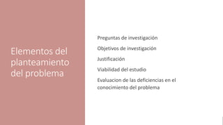 Elementos del
planteamiento
del problema
Preguntas de investigación
Objetivos de investigación
Justificación
Viabilidad del estudio
Evaluacion de las deficiencias en el
conocimiento del problema
 