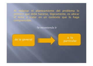 Al redactar el planteamiento del problema lo
primero que debe hacerse, lógicamente, es ubicar
el tema a tratar en un contexto que lo haga
comprensible.

                 Se recomienda ir


                                      a lo
de lo general                       particular
 