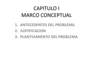 CAPITULO I
MARCO CONCEPTUAL
1. ANTECEDENTES DEL PROBLEMA
2. JUSTIFICACION
3. PLANTEAMIENTO DEL PROBLEMA
 