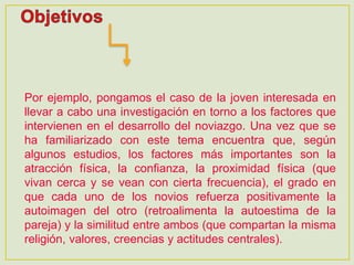 Por ejemplo, pongamos el caso de la joven interesada en
llevar a cabo una investigación en torno a los factores que
intervienen en el desarrollo del noviazgo. Una vez que se
ha familiarizado con este tema encuentra que, según
algunos estudios, los factores más importantes son la
atracción física, la confianza, la proximidad física (que
vivan cerca y se vean con cierta frecuencia), el grado en
que cada uno de los novios refuerza positivamente la
autoimagen del otro (retroalimenta la autoestima de la
pareja) y la similitud entre ambos (que compartan la misma
religión, valores, creencias y actitudes centrales).
 