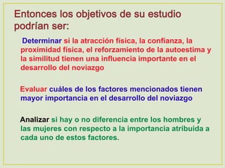 Determinar si la atracción física, la confianza, la
proximidad física, el reforzamiento de la autoestima y
la similitud tienen una influencia importante en el
desarrollo del noviazgo
Evaluar cuáles de los factores mencionados tienen
mayor importancia en el desarrollo del noviazgo
Analizar si hay o no diferencia entre los hombres y
las mujeres con respecto a la importancia atribuida a
cada uno de estos factores.
 