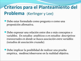 Criterios para el Planteamiento del
Problema (Kerlinger y Lee)
Debe estar formulado como pregunta o como una
proposición afirmativa.
Debe expresar una relación entre dos o más conceptos o
variables. En estudios analíticos o en estudios descriptivos
transversales en donde se busca asociación entre variables
(estudios de asociación cruzada).
Debe implicar la posibilidad de realizar una prueba
empírica, medirse/observarse en la realidad objetiva.
 