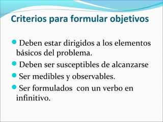 Criterios para formular objetivos
Deben estar dirigidos a los elementos
básicos del problema.
Deben ser susceptibles de alcanzarse
Ser medibles y observables.
Ser formulados con un verbo en
infinitivo.
 