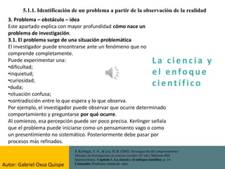 La c i e n cia y
e l e nfo que
c i e nt ífico
5.1.1. Identificación de un problema a partir de la observación de la realidad
3. Kerlinger, F. N., & Lee, H. B. (2002). Investigación del comportamiento:
Métodos de investigación en ciencias sociales (4.ª ed.). McGraw-Hill
Interamericana. Capítulo 1. La ciencia y el enfoque científico, p. 14.
Contenido: Problema–obstáculo–idea.
3. Problema – obstáculo – idea
Este apartado explica con mayor profundidad cómo nace un
problema de investigación.
3.1. El problema surge de una situación problemática
El investigador puede encontrarse ante un fenómeno que no
comprende completamente.
Puede experimentar una:
•dificultad;
•inquietud;
•curiosidad;
•duda;
•situación confusa;
•contradicción entre lo que espera y lo que observa.
Por ejemplo, el investigador puede observar que ocurre determinado
comportamiento y preguntarse por qué ocurre.
Al comienzo, esa percepción puede ser poco precisa. Kerlinger señala
que el problema puede iniciarse como un pensamiento vago o como
un presentimiento no sistemático. Posteriormente debe pasar por
procesos más refinados.
Autor: Gabriel Oxsa Quispe
 