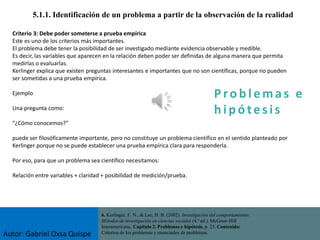 P ro b l ema s e
h i p ó tes is
5.1.1. Identificación de un problema a partir de la observación de la realidad
6. Kerlinger, F. N., & Lee, H. B. (2002). Investigación del comportamiento:
Métodos de investigación en ciencias sociales (4.ª ed.). McGraw-Hill
Interamericana. Capítulo 2. Problemas e hipótesis, p. 23. Contenido:
Criterios de los problemas y enunciados de problemas.
Criterio 3: Debe poder someterse a prueba empírica
Este es uno de los criterios más importantes.
El problema debe tener la posibilidad de ser investigado mediante evidencia observable y medible.
Es decir, las variables que aparecen en la relación deben poder ser definidas de alguna manera que permita
medirlas o evaluarlas.
Kerlinger explica que existen preguntas interesantes e importantes que no son científicas, porque no pueden
ser sometidas a una prueba empírica.
Ejemplo
Una pregunta como:
“¿Cómo conocemos?”
puede ser filosóficamente importante, pero no constituye un problema científico en el sentido planteado por
Kerlinger porque no se puede establecer una prueba empírica clara para responderla.
Por eso, para que un problema sea científico necesitamos:
Relación entre variables + claridad + posibilidad de medición/prueba.
Autor: Gabriel Oxsa Quispe
 
