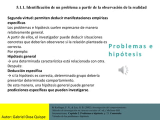 P ro b l ema s e
h i p ó tes is
5.1.1. Identificación de un problema a partir de la observación de la realidad
8. Kerlinger, F. N., & Lee, H. B. (2002). Investigación del comportamiento:
Métodos de investigación en ciencias sociales (4.ª ed.). McGraw-Hill
Interamericana. Capítulo 2. Problemas e hipótesis, p. 25. Contenido:
Virtudes de los problemas e hipótesis.
Segunda virtud: permiten deducir manifestaciones empíricas
específicas
Los problemas e hipótesis suelen expresarse de manera
relativamente general.
A partir de ellos, el investigador puede deducir situaciones
concretas que deberían observarse si la relación planteada es
correcta.
Por ejemplo:
Hipótesis general
→ una determinada característica está relacionada con otra.
Después:
Deducción específica
→ si la hipótesis es correcta, determinado grupo debería
presentar determinado comportamiento.
De esta manera, una hipótesis general puede generar
predicciones específicas que pueden investigarse.
Autor: Gabriel Oxsa Quispe
 