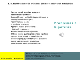 P ro b l ema s e
h i p ó tes is
5.1.1. Identificación de un problema a partir de la observación de la realidad
8. Kerlinger, F. N., & Lee, H. B. (2002). Investigación del comportamiento:
Métodos de investigación en ciencias sociales (4.ª ed.). McGraw-Hill
Interamericana. Capítulo 2. Problemas e hipótesis, p. 25. Contenido:
Virtudes de los problemas e hipótesis.
Tercera virtud: permiten avanzar el
conocimiento científico
Los problemas y las hipótesis permiten que la
investigación contribuya a:
•confirmar una teoría;
•cuestionar una teoría;
•generar nuevas explicaciones;
•descubrir relaciones;
•producir nuevas investigaciones.
El texto explica que los problemas e hipótesis
ayudan a que avance el conocimiento
científico porque permiten que la evidencia
apoye o genere dudas respecto de
determinadas explicaciones teóricas.
Autor: Gabriel Oxsa Quispe
 