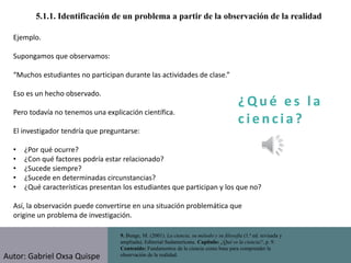 ¿ Q u é e s l a
c i e n cia?
5.1.1. Identificación de un problema a partir de la observación de la realidad
9. Bunge, M. (2001). La ciencia, su método y su filosofía (1.ª ed. revisada y
ampliada). Editorial Sudamericana. Capítulo: ¿Qué es la ciencia?, p. 9.
Contenido: Fundamentos de la ciencia como base para comprender la
observación de la realidad.
Ejemplo.
Supongamos que observamos:
“Muchos estudiantes no participan durante las actividades de clase.”
Eso es un hecho observado.
Pero todavía no tenemos una explicación científica.
El investigador tendría que preguntarse:
• ¿Por qué ocurre?
• ¿Con qué factores podría estar relacionado?
• ¿Sucede siempre?
• ¿Sucede en determinadas circunstancias?
• ¿Qué características presentan los estudiantes que participan y los que no?
Así, la observación puede convertirse en una situación problemática que
origine un problema de investigación.
Autor: Gabriel Oxsa Quispe
 