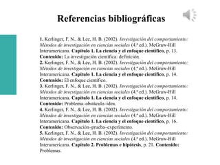 Referencias bibliográficas
1. Kerlinger, F. N., & Lee, H. B. (2002). Investigación del comportamiento:
Métodos de investigación en ciencias sociales (4.ª ed.). McGraw-Hill
Interamericana. Capítulo 1. La ciencia y el enfoque científico, p. 13.
Contenido: La investigación científica: definición.
2. Kerlinger, F. N., & Lee, H. B. (2002). Investigación del comportamiento:
Métodos de investigación en ciencias sociales (4.ª ed.). McGraw-Hill
Interamericana. Capítulo 1. La ciencia y el enfoque científico, p. 14.
Contenido: El enfoque científico.
3. Kerlinger, F. N., & Lee, H. B. (2002). Investigación del comportamiento:
Métodos de investigación en ciencias sociales (4.ª ed.). McGraw-Hill
Interamericana. Capítulo 1. La ciencia y el enfoque científico, p. 14.
Contenido: Problema–obstáculo–idea.
4. Kerlinger, F. N., & Lee, H. B. (2002). Investigación del comportamiento:
Métodos de investigación en ciencias sociales (4.ª ed.). McGraw-Hill
Interamericana. Capítulo 1. La ciencia y el enfoque científico, p. 16.
Contenido: Observación–prueba–experimento.
5. Kerlinger, F. N., & Lee, H. B. (2002). Investigación del comportamiento:
Métodos de investigación en ciencias sociales (4.ª ed.). McGraw-Hill
Interamericana. Capítulo 2. Problemas e hipótesis, p. 21. Contenido:
Problemas.
 