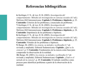 Referencias bibliográficas
6. Kerlinger, F. N., & Lee, H. B. (2002). Investigación del
comportamiento: Métodos de investigación en ciencias sociales (4.ª ed.).
McGraw-Hill Interamericana. Capítulo 2. Problemas e hipótesis, p. 23.
Contenido: Criterios de los problemas y enunciados de problemas.
7. Kerlinger, F. N., & Lee, H. B. (2002). Investigación del
comportamiento: Métodos de investigación en ciencias sociales (4.ª ed.).
McGraw-Hill Interamericana. Capítulo 2. Problemas e hipótesis, p. 24.
Contenido: Importancia de los problemas e hipótesis.
8. Kerlinger, F. N., & Lee, H. B. (2002). Investigación del
comportamiento: Métodos de investigación en ciencias sociales (4.ª ed.).
McGraw-Hill Interamericana. Capítulo 2. Problemas e hipótesis, p. 25.
Contenido: Virtudes de los problemas e hipótesis.
9. Bunge, M. (2001). La ciencia, su método y su filosofía (1.ª ed.
revisada y ampliada). Editorial Sudamericana. Capítulo: ¿Qué es la
ciencia?, p. 9. Contenido: Fundamentos de la ciencia como base para
comprender la observación de la realidad.
10. Bunge, M. (2001). La ciencia, su método y su filosofía (1.ª ed.
revisada y ampliada). Editorial Sudamericana. Capítulo: ¿Cuál es el
método de la ciencia?, p. 49. Contenido: El método científico como
proceso para identificar problemas a partir de la observación de la
realidad.
 