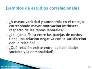    ¿A mayor variedad y autonomía en el trabajo
           corresponde mayor motivación intrínseca
           respecto de las tareas laborales?
          ¿La lejanía física entre las parejas de novios
           tiene una relación negativa con la satisfacción
           den la relación?
          ¿Qué relación existe entre las habilidades
           sociales y la personalidad?



Ing. Luis A. Fernández Vizcarra                              33
lfernandez@coesi.com.pe
 