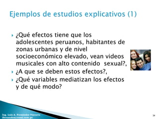    ¿Qué efectos tiene que los
           adolescentes peruanos, habitantes de
           zonas urbanas y de nivel
           socioeconómico elevado, vean videos
           musicales con alto contenido sexual?,
          ¿A que se deben estos efectos?,
          ¿Qué variables mediatizan los efectos
           y de qué modo?



Ing. Luis A. Fernández Vizcarra                    34
lfernandez@coesi.com.pe
 