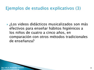    ¿Los videos didácticos musicalizados son más
           efectivos para enseñar hábitos higiénicos a
           los niños de cuatro a cinco años, en
           comparación con otros métodos tradicionales
           de enseñanza?




Ing. Luis A. Fernández Vizcarra                           36
lfernandez@coesi.com.pe
 