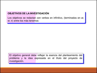 OBJETIVOS DE LA INVESTIGACIÓN
Los objetivos se redactan con verbos en infinitivo, (terminados en ar,
er, ir) entre los más tenemos:
El objetivo general debe reflejar la esencia del planteamiento del
problema y la idea expresada en el título del proyecto de
investigación.
 