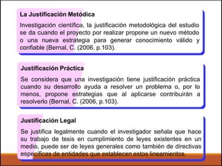 La Justificación Metódica
Investigación científica, la justificación metodológica del estudio
se da cuando el proyecto por realizar propone un nuevo método
o una nueva estrategia para generar conocimiento válido y
confiable (Bernal, C. (2006, p.103).
Justificación Práctica
Se considera que una investigación tiene justificación práctica
cuando su desarrollo ayuda a resolver un problema o, por lo
menos, propone estrategias que al aplicarse contribuirán a
resolverlo (Bernal, C. (2006, p.103).
Justificación Legal
Se justifica legalmente cuando el investigador señala que hace
su trabajo de tesis en cumplimiento de leyes existentes en un
medio, puede ser de leyes generales como también de directivas
específicas de entidades que establecen estos lineamientos.
 