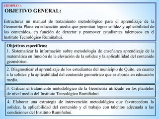 EJEMPLO 1.
OBJETIVO GENERAL:
Estructurar un manual de tratamiento metodológico para el aprendizaje de la
Geometría Plana en educación media que permitan lograr solidez y aplicabilidad de
los contenidos, en función de detectar y promover estudiantes talentosos en el
Instituto Tecnológico Rumiñahui.
Objetivos específicos:
1. Sistematizar la información sobre metodología de enseñanza aprendizaje de la
matemática en función de la elevación de la solidez y la aplicabilidad del contenido
geométrico.
2. Diagnosticar el aprendizaje de los estudiantes del municipio de Quito, en cuanto
a la solidez y la aplicabilidad del contenido geométrico que se aborda en educación
media.
3. Criticar el tratamiento metodológico de la Geometría utilizado en los planteles
de nivel medio del Instituto Tecnológico Rumiñahui.
4. Elaborar una estrategia de intervención metodológica que favorecedora la
solidez, la aplicabilidad del contenido y el trabajo con talentos adecuada a las
condiciones del Instituto Rumiñahui.
 