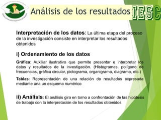 Análisis de los resultados
Interpretación de los datos: La última etapa del proceso
de la investigación consiste en interpretar los resultados
obtenidos
i) Ordenamiento de los datos
Gráfica: Auxiliar ilustrativo que permite presentar e interpretar los
datos y resultados de la investigación. (Histogramas, polígono de
frecuencias, gráfica circular, pictograma, organigrama, diagrama, etc.)
Tablas: Representación de una relación de resultados expresada
mediante una un esquema numérico
ii) Análisis: El análisis gira en torno a confrontación de las hipótesis
de trabajo con la interpretación de los resultados obtenidos
 