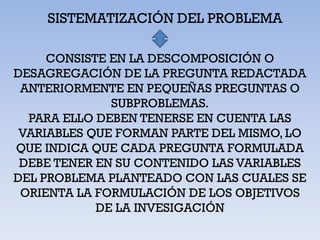 SISTEMATIZACIÓN DEL PROBLEMA

     CONSISTE EN LA DESCOMPOSICIÓN O
DESAGREGACIÓN DE LA PREGUNTA REDACTADA
 ANTERIORMENTE EN PEQUEÑAS PREGUNTAS O
              SUBPROBLEMAS.
  PARA ELLO DEBEN TENERSE EN CUENTA LAS
 VARIABLES QUE FORMAN PARTE DEL MISMO, LO
QUE INDICA QUE CADA PREGUNTA FORMULADA
 DEBE TENER EN SU CONTENIDO LAS VARIABLES
DEL PROBLEMA PLANTEADO CON LAS CUALES SE
 ORIENTA LA FORMULACIÓN DE LOS OBJETIVOS
            DE LA INVESIGACIÓN
 