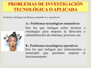 A.- Problemas tecnológicos sustantivos
Son los que indagan sobre técnicas o
estrategias para mejorar la dirección o
administración de sistemas, procesos, etc.
Podemos distinguir problemas sustantivos y operativos.
B.- Problemas tecnológicos operativos
Son los que indagan por instrumentos o
materiales que permitan mejorar el
funcionamiento
PROBLEMAS DE INVESTIGACIÓN
TECNOLÓGICA O APLICADA
 