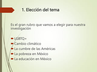 1. Elección del tema
Es el gran rubro que vamos a elegir para nuestra
investigación
LGBTQ+
Cambio climático
La cumbre de las Américas
La pobreza en México
La educación en México
 