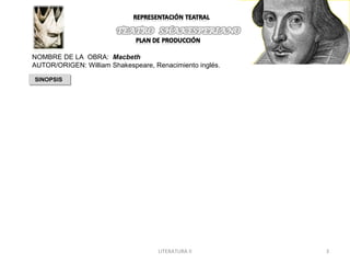 NOMBRE DE LA OBRA: Macbeth
AUTOR/ORIGEN: William Shakespeare, Renacimiento inglés.

SINOPSIS
SINOPSIS




                                    LITERATURA II         3
 