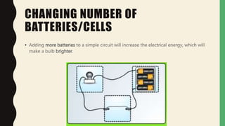 CHANGING NUMBER OF
BATTERIES/CELLS
• Adding more batteries to a simple circuit will increase the electrical energy, which will
make a bulb brighter.
 