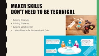 MAKER SKILLS
DON’T NEED TO BE TECHNICAL
• Building Creativity
• Building Empathy
• Building Collaboration
• ….More Ideas to Be Illustrated with Cats!
 