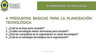 1. ¿Cuál es la base para competir?
2. ¿Cuáles tecnologías deben dominarse para competir?
3. ¿Qué tan competitiva es la organización en estas tecnologías?
4. ¿Cuál es la estrategia tecnológica de la organización?
Johan González Sánchez
 