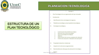 • Ejemplo 1
• Plan Tecnológico de una organización de tipo innovador.
• Introducción
I. Identificación de las estrategias de negocios.
II. Plataforma tecnológica actual (auditoría tecnológica).
III. Estrategias tecnológicas.
1. Conformación del portafolio tecnológico
2. Definición de la mezcla tecnológica
3. Tipos de estrategias tecnológicas
4. Objetivos
5. Determinación de recursos y programa de radicación
6. Criterios de evaluación e indicadores de desempeño.
IV. Propiedad industrial e intelectual.
V. Impacto en la estructura organizacional.
VI. Recomendaciones del grupo de planeación tecnológica.
• AnexosJohan González Sánchez
 
