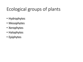 Ecological groups of plants
• Hydrophytes
• Mesophytes
• Xerophytes
• Halophytes
• Epiphytes
 