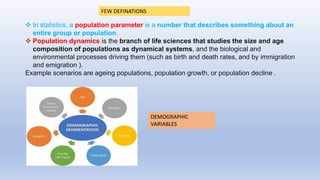  In statistics, a population parameter is a number that describes something about an
entire group or population.
 Population dynamics is the branch of life sciences that studies the size and age
composition of populations as dynamical systems, and the biological and
environmental processes driving them (such as birth and death rates, and by immigration
and emigration ).
Example scenarios are ageing populations, population growth, or population decline .
DEMOGRAPHIC
VARIABLES
FEW DEFINATIONS
 