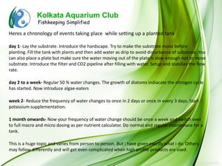 Kolkata Aquarium Club
               Fishkeeping Simplified

Heres a chronology of events taking place while setting up a planted tank

day 1- Lay the substrate. Introduce the hardscape. Try to make the substrate moist before
planting. Fill the tank with plants and then add water as drip to avoid disturbance of substrate. You
can also place a plate but make sure the water moving out of the plate is slow enough not to move
substrate. Introduce the filter and CO2 pipeline after filling with water. Setup and stabilize the flow
rate.

day 2 to a week- Regular 50 % water changes. The growth of diatoms indiacate the nitrogen cycle
has started. Now introduce algae-eaters

week 2- Reduce the frequency of water changes to once in 2 days or once in every 3 days. Start
potassium supplementation.

1 month onwards- Now your frequency of water change should be once a week and switch over
to full macro and micro dosing as per nutrient calculator. Do normal and regular maintenace for a
tank.

This is a huge topic and varies from person to person. But i have given exactly what i do. Others
may follow differently and will get even complicated when high profile products are used.
 