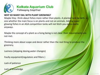 Kolkata Aquarium Club
             Fishkeeping Simplified

WHY SO MANY FAIL WITH PLANT GROWING?
Maybe they think about fishes more rather than plants. A planted tank by defn. is
l



one whether the main focus is on plants and not on animals. Adding super
glowing fishes in an AGA competition tanks will not fetch you extra marks
anyways.

Maybe the concept of a plant as a living being is not clear. their requirements are
l



not met.

Thinking more about scape and decor rather than the real thing to produce the
l



greenery.

Laziness (skipping dosing,water changes)
l




Faulty equipment(regulators and filters )
l




Lack of patience
l




Lack of knowledge
l
 