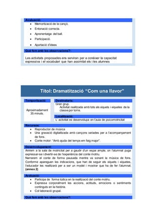 Avaluació:
 Memorització de la cançó.
 Entonació correcta.
 Aprenentatge del ball.
 Participació.
 Aportació d’idees
Què fem amb les observacions?:
Les activitats proposades ens serviran per a conèixer la capacitat
expressiva i el vocabulari que han assimilat els i les alumnes
Títol: Dramatització “Com una llavor”
Temporització: Destinataris:
Aproximadament
35 minuts.
Gran grup.
Activitat realitzada amb tots els xiquets i xiquetes de la
classe por torns.
Localització:
L’ activitat es desenvolupa en l’aula de psicomotricitat
Recursos:
 Reproductor de música
 Una gravació digitalitzada amb cançons variades per a l’acompanyament
de fons.
 Conte motor: “Amb ajuda del temps em faig major”.
Desenvolupament:
Anirem a la sala de motricitat per a gaudir d’un espai ample, on l’alumnat puga
expressar-se i divertir-se de l’experiència del conte motriu.
Narrarem el conte de forma pausada mentre va sonant la música de fons.
Conforme apareguen les indicacions, que han de seguir els xiquets i xiquetes,
l’educador les realitzarà per a ser un model i mostrar que ha de fer l’alumnat.
(annex 2)
Avaluació:
 Participa de forma lúdica en la realització del conte motriu.
 Expressa corporalment les accions, actituds, emocions o sentiments
continguts en la història.
 Col·laboració grupal.
Què fem amb les observacions?:
 