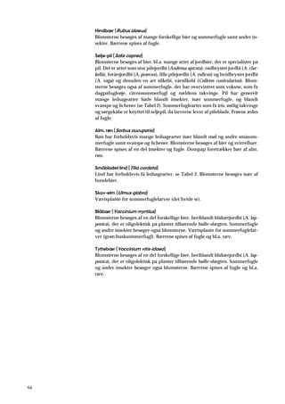 46
Hindbær (Rubus idaeus)
Blomsterne besøges af mange forskellige bier og sommerfugle samt andre in-
sekter. Bærrene spises af fugle.
Selje-pil (Salix caprea)
Blomsterne besøges af bier, bl.a. mange arter af jordbier, der er specialister på
pil. Det er arter som stor pilejordbi (Andrena apicata), rødbrystet jordbi (A. clar-
kella), forårsjordbi (A. praecox), lille pilejordbi (A. ruficus) og hvidbrystet jordbi
(A. vaga) og desuden en art silkebi, vårsilkebi (Colletes cunicularius). Blom-
sterne besøges også af sommerfugle, der har overvintret som voksne, som fx
dagpåfugleøje, citronsommerfugl og nældens takvinge. Pil har generelt
mange ledsagearter både blandt insekter, især sommerfugle, og blandt
svampe og lichener (se Tabel 2). Sommerfuglearter som fx iris, østlig takvinge
og sørgekåbe er knyttet til seljepil, da larverne lever af pileblade. Frøene ædes
af fugle.
Alm. røn (Sorbus aucuparia)
Røn har forholdsvis mange ledsagearter især blandt møl og andre småsom-
merfugle samt svampe og lichener. Blomsterne besøges af bier og svirrefluer.
Bærrene spises af en del insekter og fugle. Dompap foretrækker bær af alm.
røn.
Småbladet lind (Tilia cordata)
Lind har forholdsvis få ledsagearter, se Tabel 2. Blomsterne besøges især af
humlebier.
Skov-elm (Ulmus glabra)
Værtsplante for sommerfuglelarver (det hvide w).
Blåbær (Vaccinium myrtilus)
Blomsterne besøges af en del forskellige bier, heriblandt blåbærjordbi (A. lap-
ponica), der er oligolektisk på planter tilhørende bølle-slægten. Sommerfugle
og andre insekter besøger også blomsterne. Værtsplante for sommerfuglelar-
ver (grøn busksommerfugl). Bærrene spises af fugle og bl.a. ræv.
Tyttebær (Vaccinium vitis-idaea)
Blomsterne besøges af en del forskellige bier, heriblandt blåbærjordbi (A. lap-
ponica), der er oligolektisk på planter tilhørende bølle-slægten. Sommerfugle
og andre insekter besøger også blomsterne. Bærrene spises af fugle og bl.a.
ræv.
 